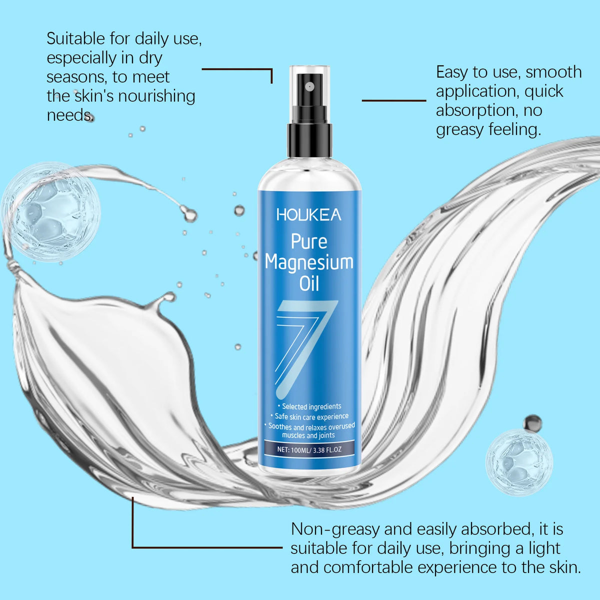 Magnesium oil spray bottle with water splash, fast absorbing and non-greasy