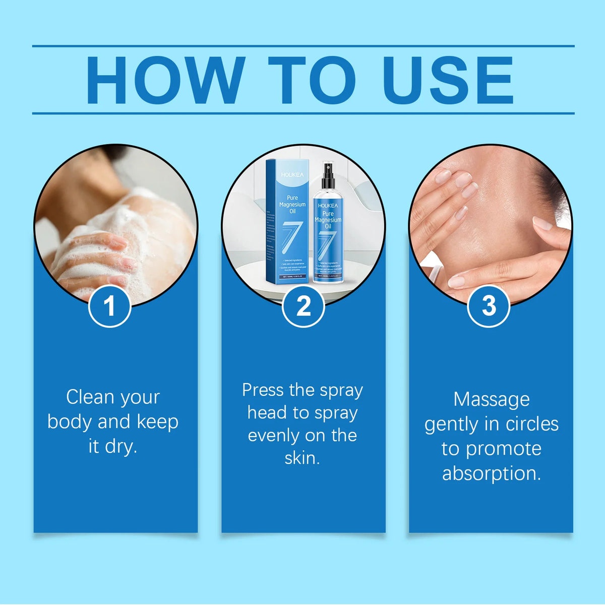 How to use magnesium oil spray in three steps: clean dry skin, spray evenly, massage in circles