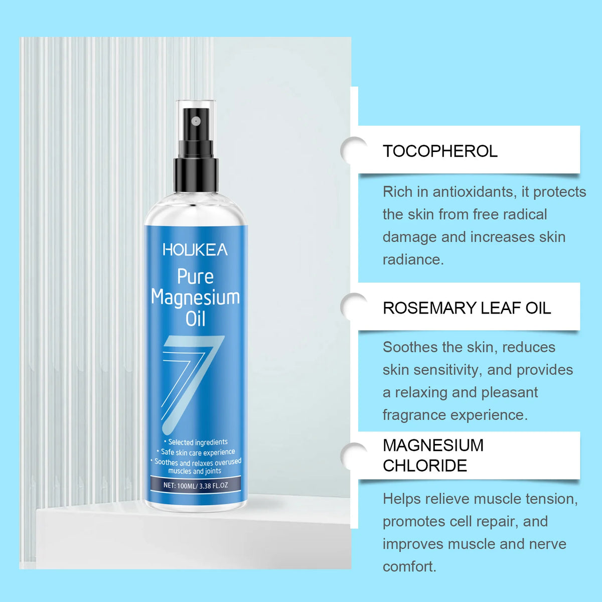 Rejuvalit Pure Magnesium Oil Spray 100ml bottle with key ingredients: magnesium chloride, tocopherol and rosemary leaf oil