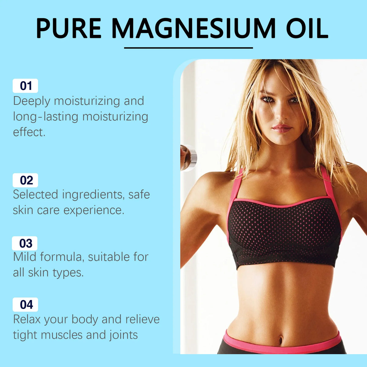 Pure magnesium oil benefits: moisturizing, gentle on all skin types, relaxes tight muscles and joints
