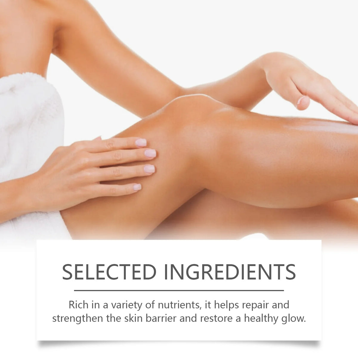 Magnesium spray massaged into the leg, selected ingredients help support the skin barrier