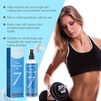 Woman after workout holding magnesium oil spray for post-exercise muscle recovery