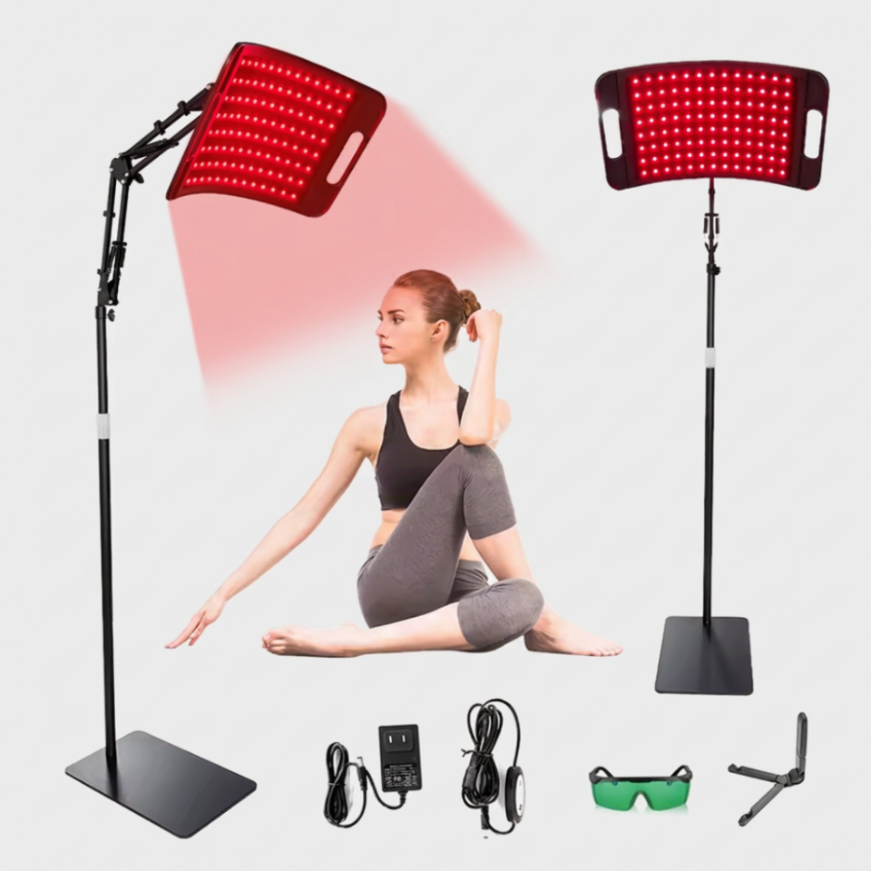 Red light therapy panel set shown with a seated woman demonstrating use, plus the stand, power cable, charger, green protective glasses, and folding armrest on a light gray background.