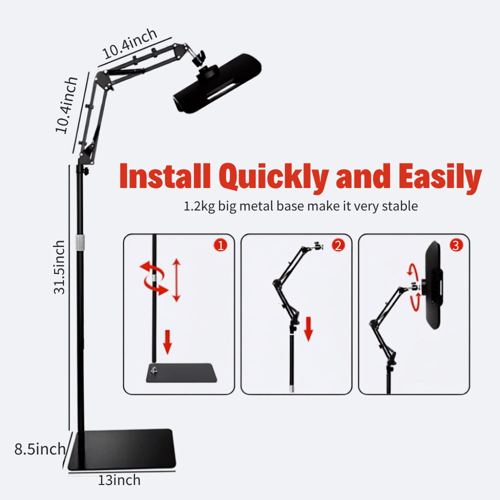 Black adjustable desk lamp stand with dimension labels showing 31.5 inch height, 13 inch base width, 8.
