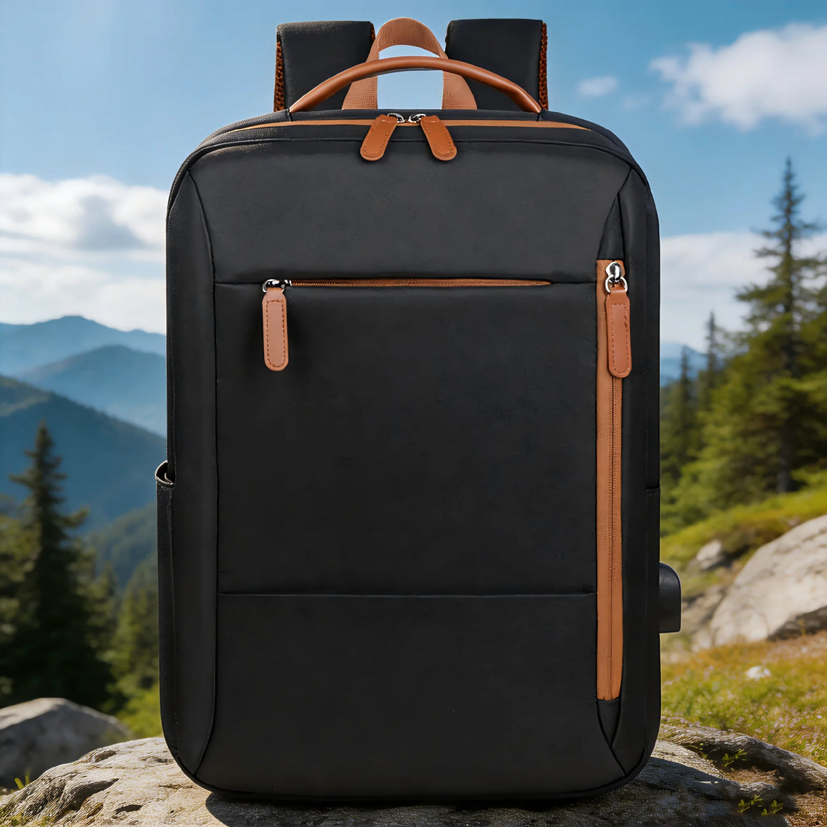 A black backpack with tan leather-like trim and handles, standing on a rock with a mountain and forest landscape in the background.