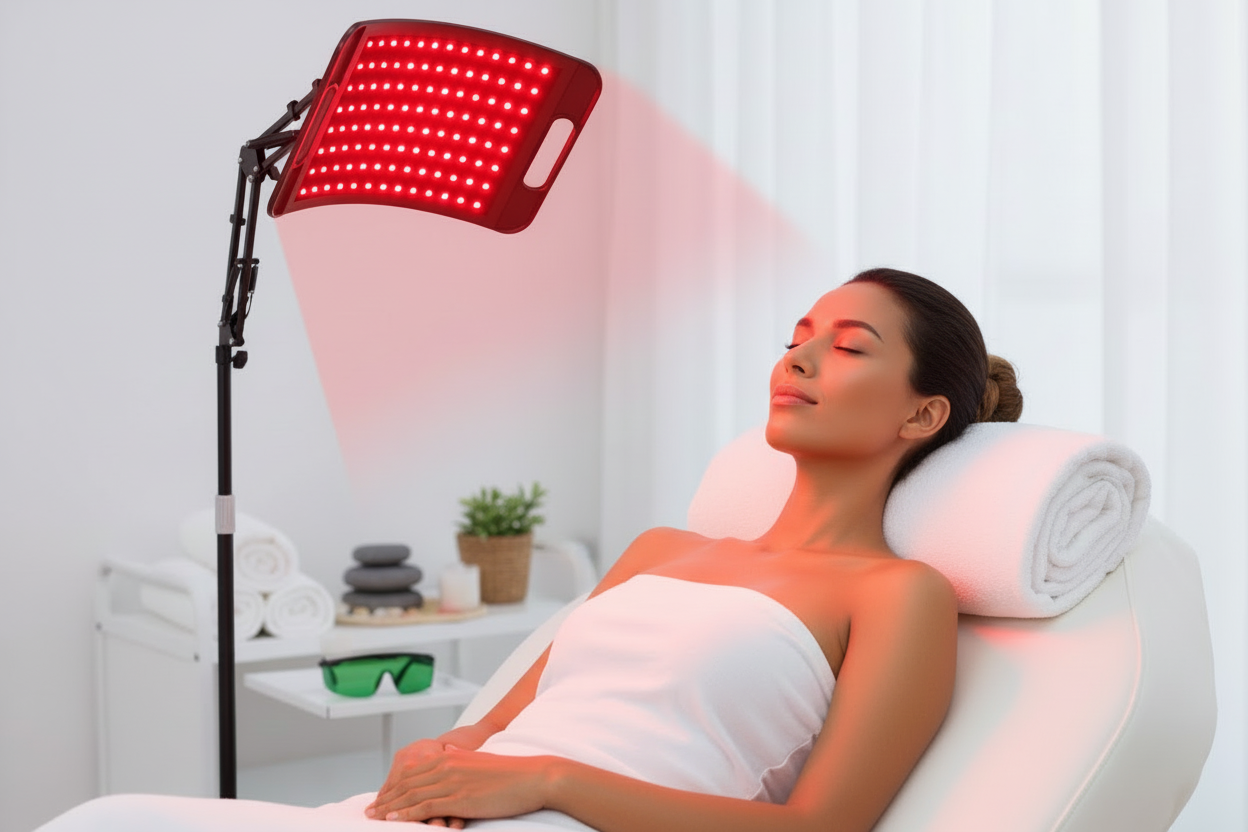 Hispanic woman spa red light therapy