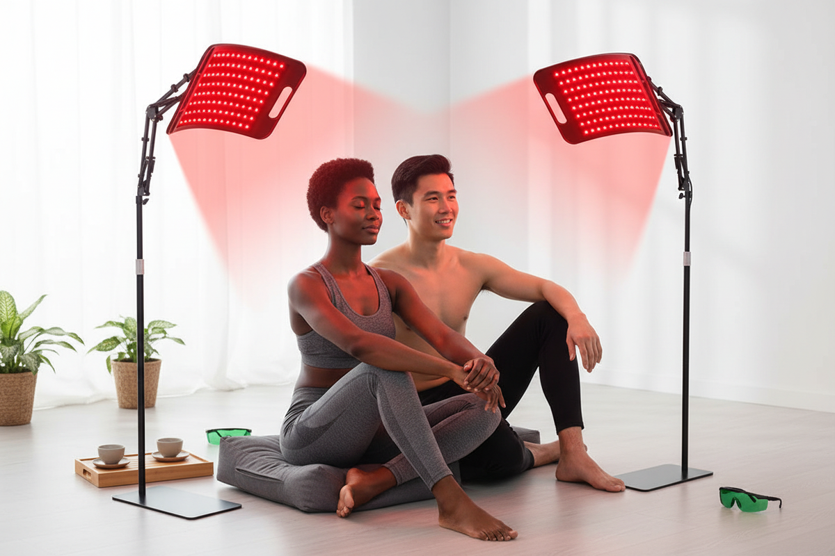 Couple relaxing with dual red light therapy panels at home - Rejuvalit