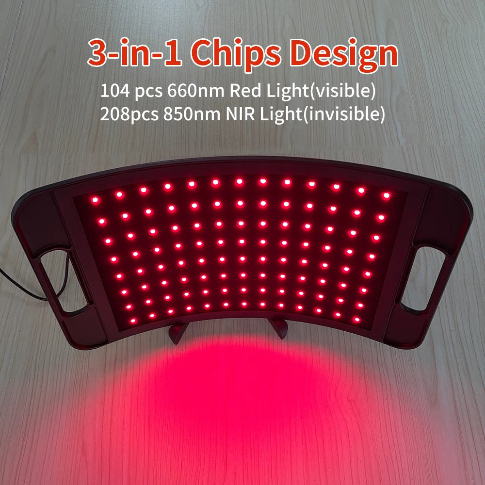Curved red light therapy panel with 104 x 660nm and 208 x 850nm NIR LED chips